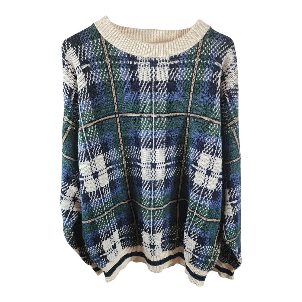 100% Cotton Plaid Knit Sweater - Blue and Green